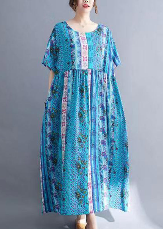Loose Blue O-neck Print Patchwork Long Dresses Short Sleeve