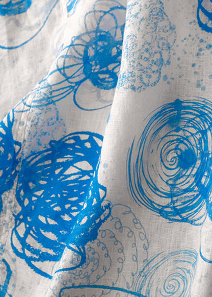 Loose Blue O Neck Print Side Open Cotton Dress Half Sleeve