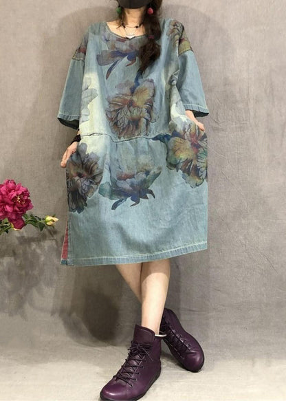 Loose Blue O Neck Print Side Open Denim Dress Summer