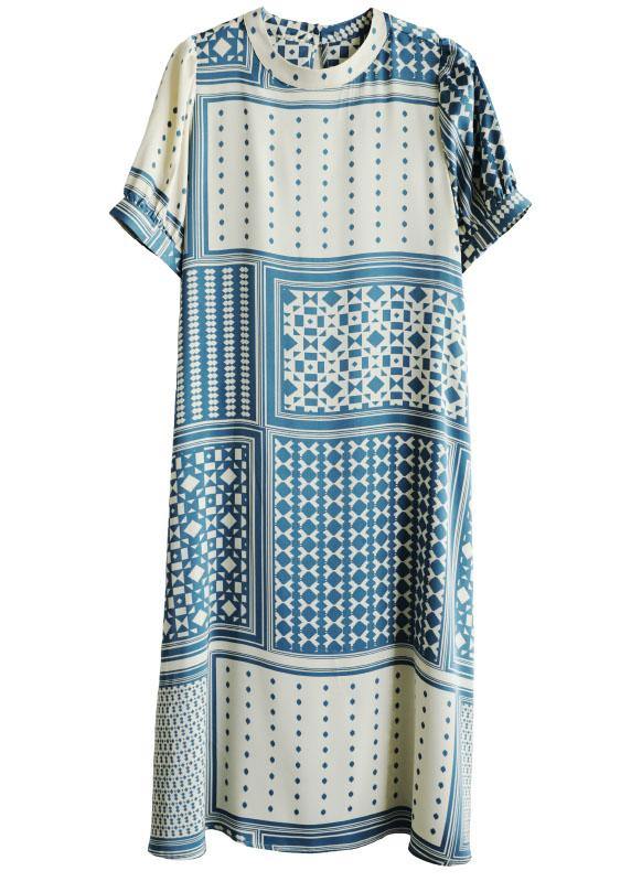 Loose Blue O-neck Print Summer Cotton Short Sleeve Dress