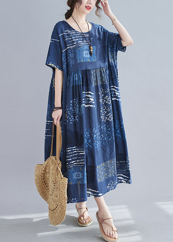 Loose Blue O-neck Print Wrinkled Beach Dress Short Sleeve