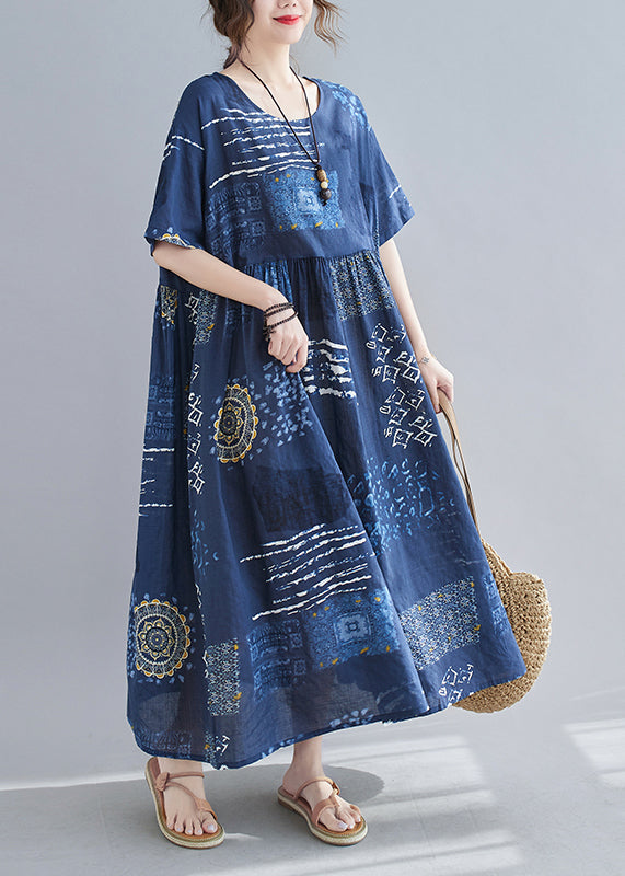 Loose Blue O-neck Print Wrinkled Beach Dress Short Sleeve