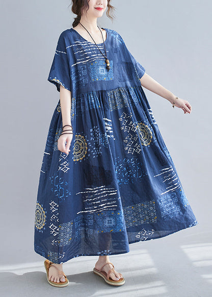 Loose Blue O-neck Print Wrinkled Beach Dress Short Sleeve