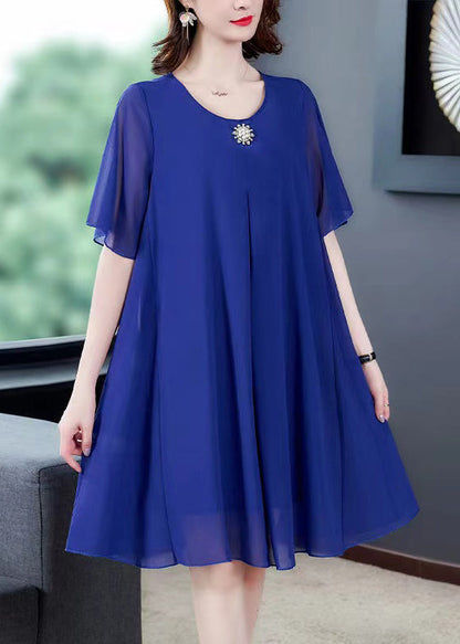 Loose Blue O Neck Chiffon Dresses Summer
