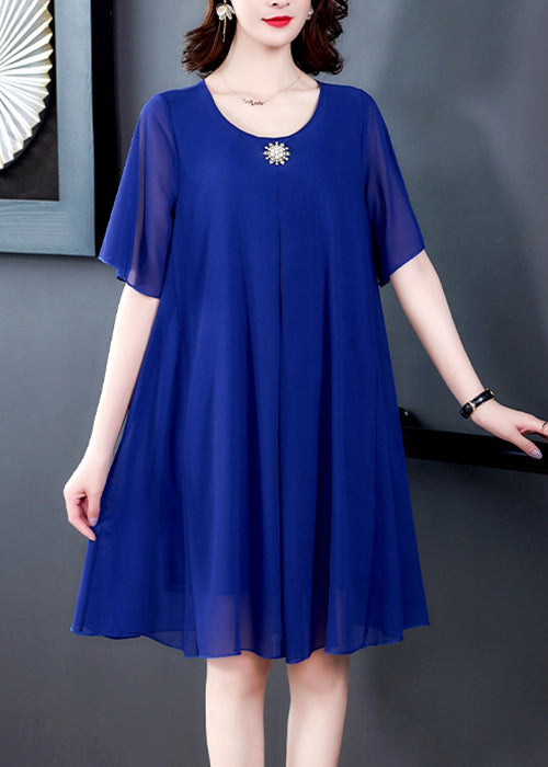 Loose Blue O Neck Chiffon Dresses Summer