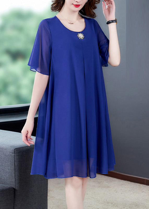 Loose Blue O Neck Chiffon Dresses Summer