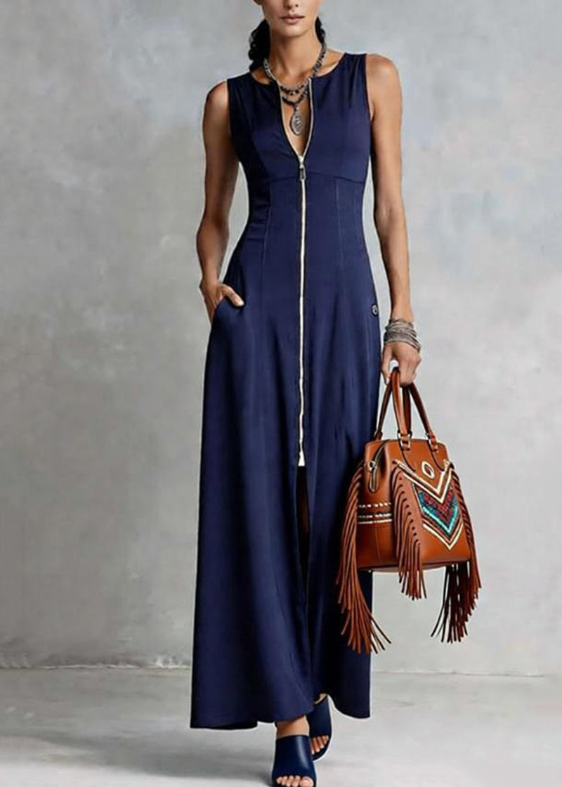 Loose Blue O-neck Zippered Patchwork Maxi Dress Sleeveless