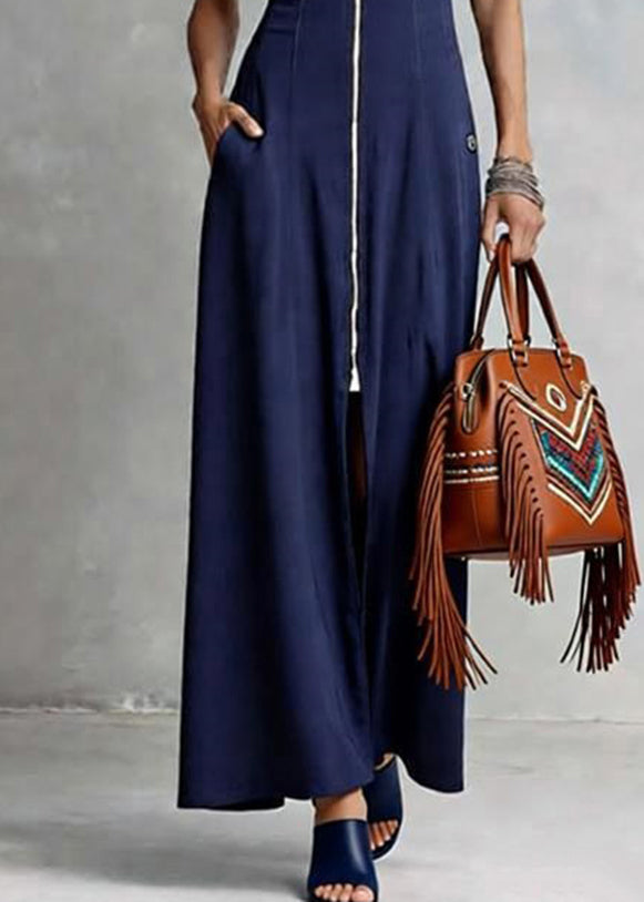 Loose Blue O-neck Zippered Patchwork Maxi Dress Sleeveless