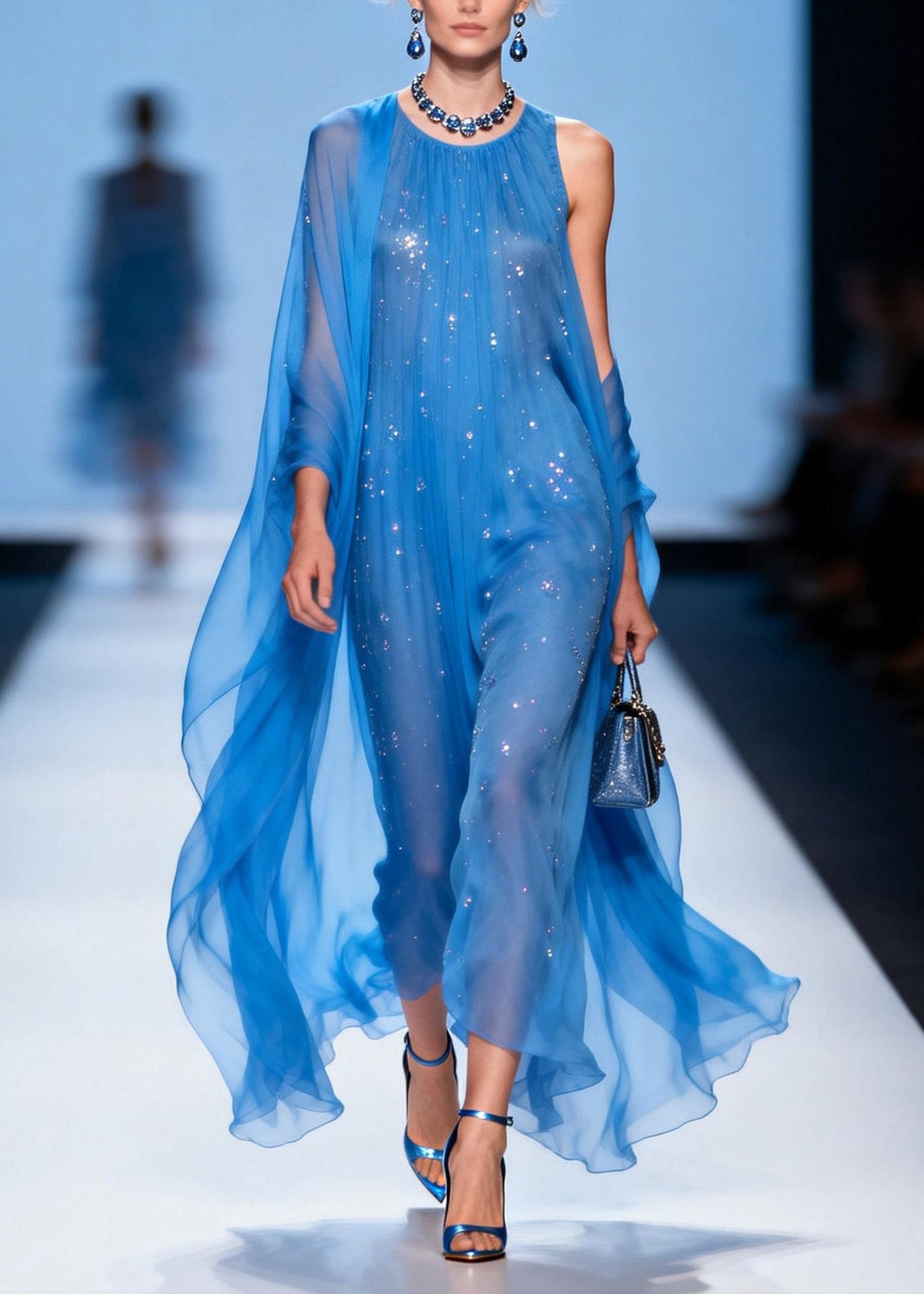 Loose Blue O Neck Zircon Patchwork Chiffon Dresses Summer
