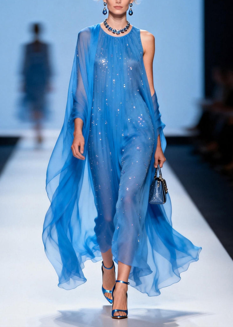 Loose Blue O Neck Zircon Patchwork Chiffon Dresses Summer