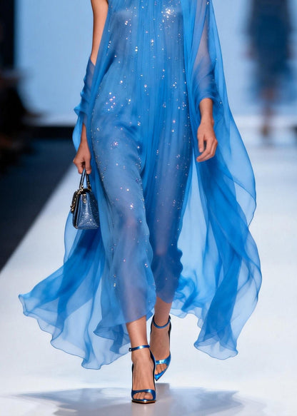 Loose Blue O Neck Zircon Patchwork Chiffon Dresses Summer