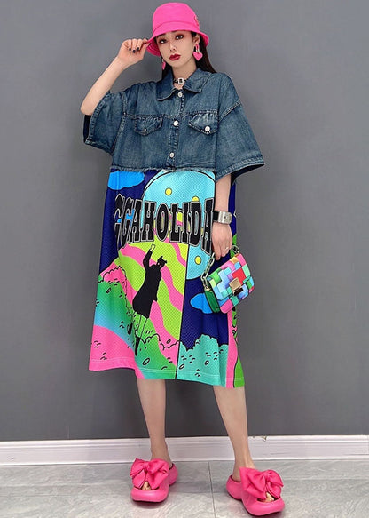 Loose Blue Peter Pan Collar Patchwork Print Cotton Denim Dress Short Sleeve
