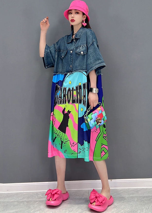 Loose Blue Peter Pan Collar Patchwork Print Cotton Denim Dress Short Sleeve