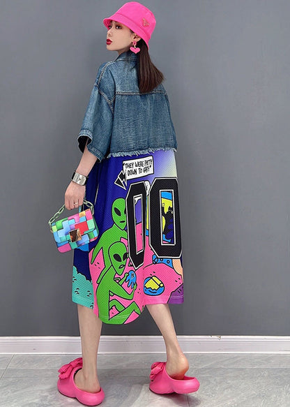 Loose Blue Peter Pan Collar Patchwork Print Cotton Denim Dress Short Sleeve