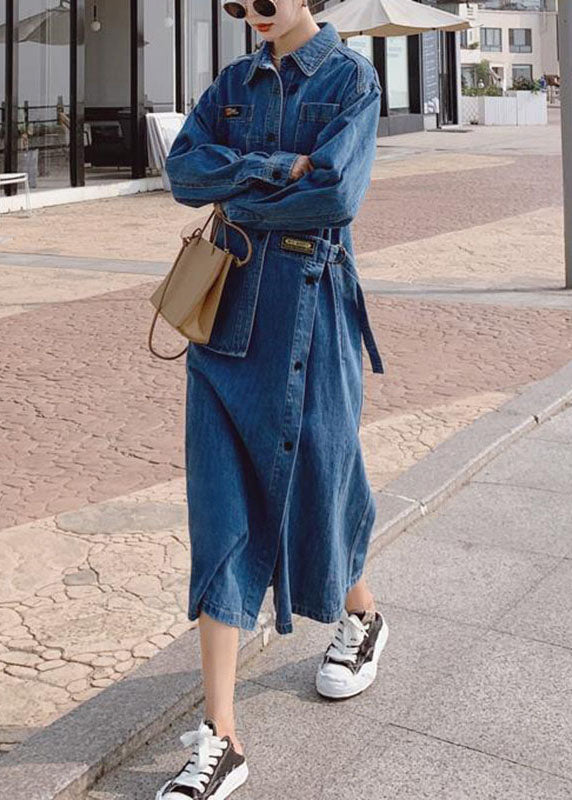 Loose Blue-flower Pockets Button Asymmetrical Design Fall Denim Long Sleeve Long Dress