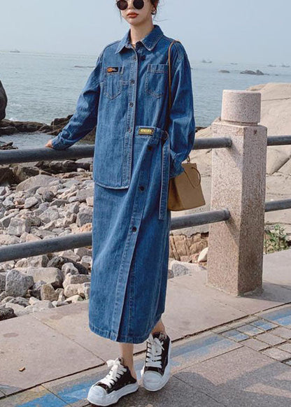 Loose Blue-flower Pockets Button Asymmetrical Design Fall Denim Long Sleeve Long Dress