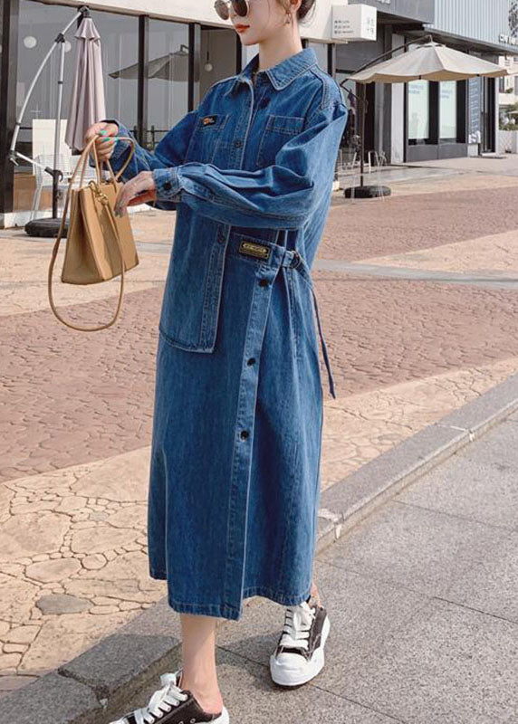 Loose Blue-love Pockets Button Asymmetrical Design Fall Denim Long Sleeve Long Dress