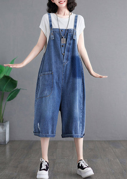 Loose Blue Pockets Patchwork Denim Jumpsuits Summer