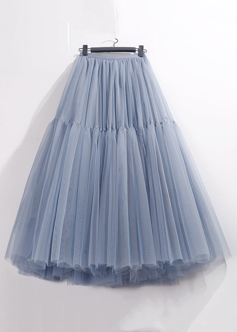 Loose Blue High Waist Tulle Pleated Skirt