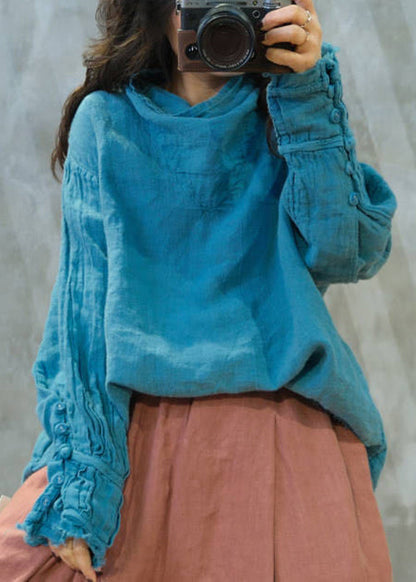 Loose Blue Turtle Neck Linen T Shirt Long Sleeve