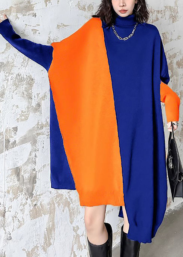 Loose Blue Turtleneck Cozy Patchwork Knit Dress Batwing Sleeve