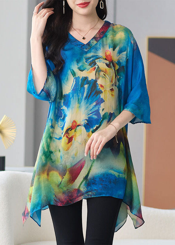 Loose Blue V Neck Print Patchwork Chiffon T Shirt Tops Half Sleeve