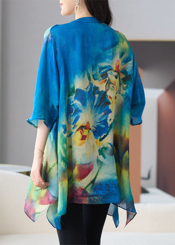 Loose Blue V Neck Print Patchwork Chiffon T Shirt Tops Half Sleeve