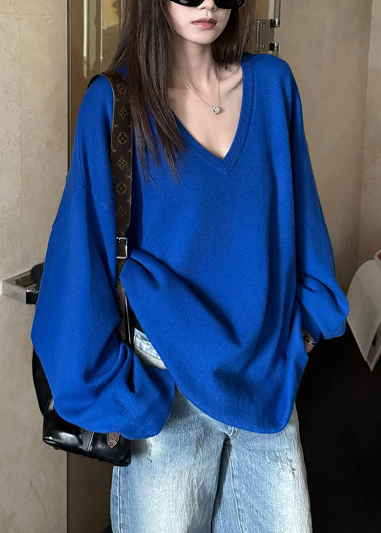 Loose Blue V Neck Knit Sweater Tops Fall