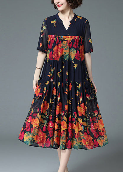 Loose Blue V Neck Wrinkled Print Pockets Chiffon Long Dress Short Sleeve