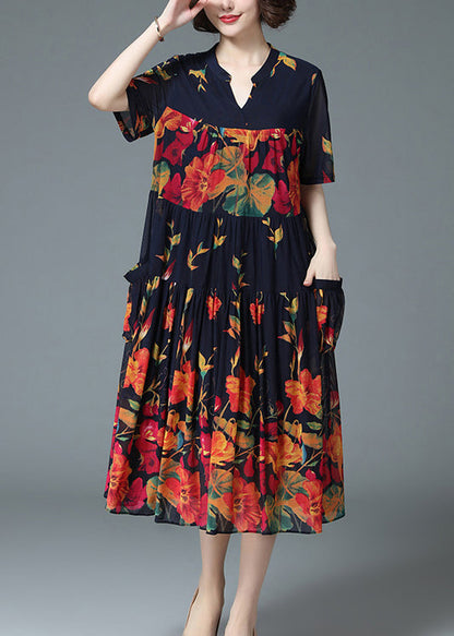Loose Blue V Neck Wrinkled Print Pockets Chiffon Long Dress Short Sleeve