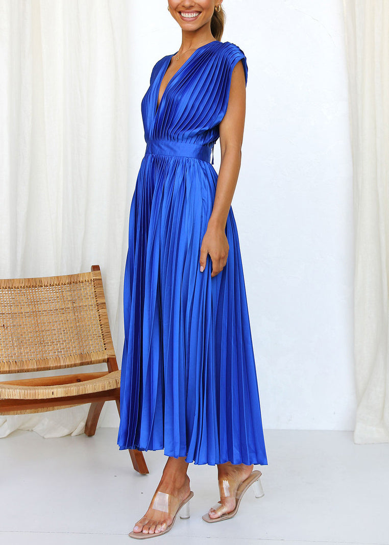 Loose Blue V Neck Wrinkled Cotton Dresses Summer