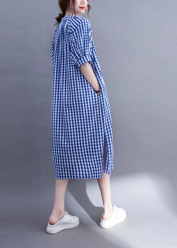 Loose Blue V Neck Side Open Plaid Cotton Dress Short Sleeve
