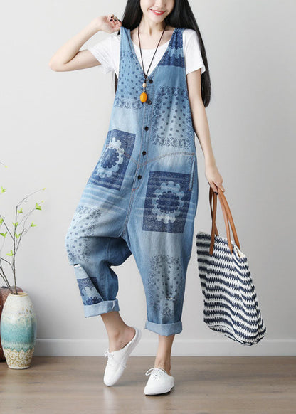 Loose Blue Hole V Neck Print Cotton Denim Jumpsuits Spring