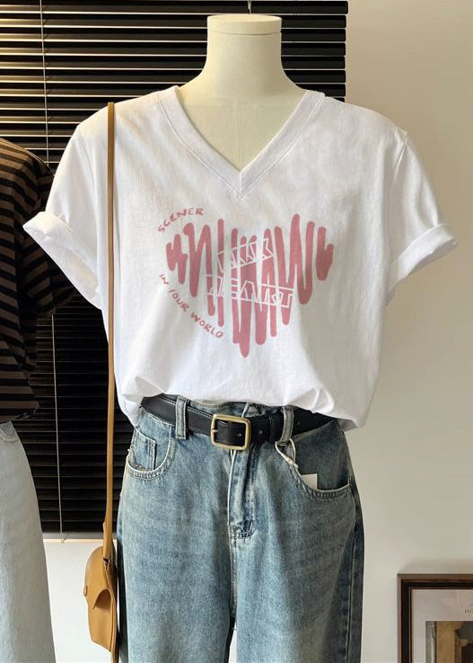 Loose Bow V Neck Print Cotton T Shirts Summer
