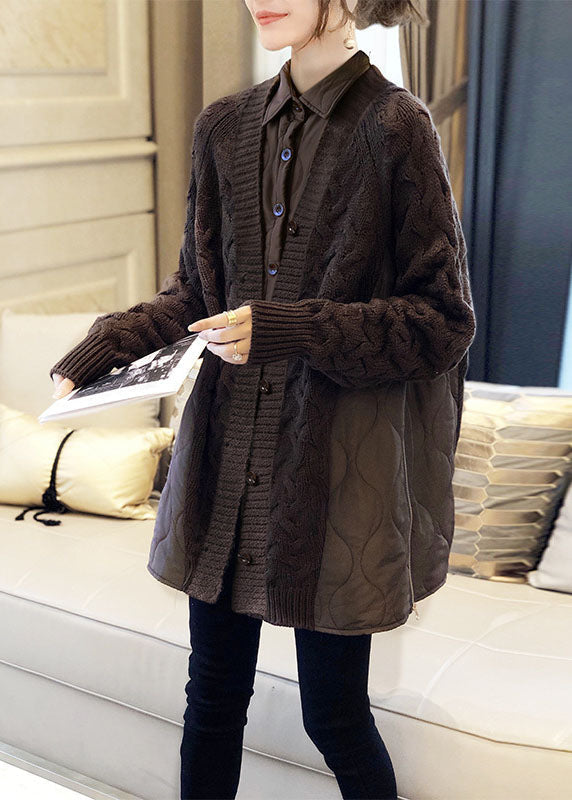 Loose Brown Button Patchwork Knit Top Winter