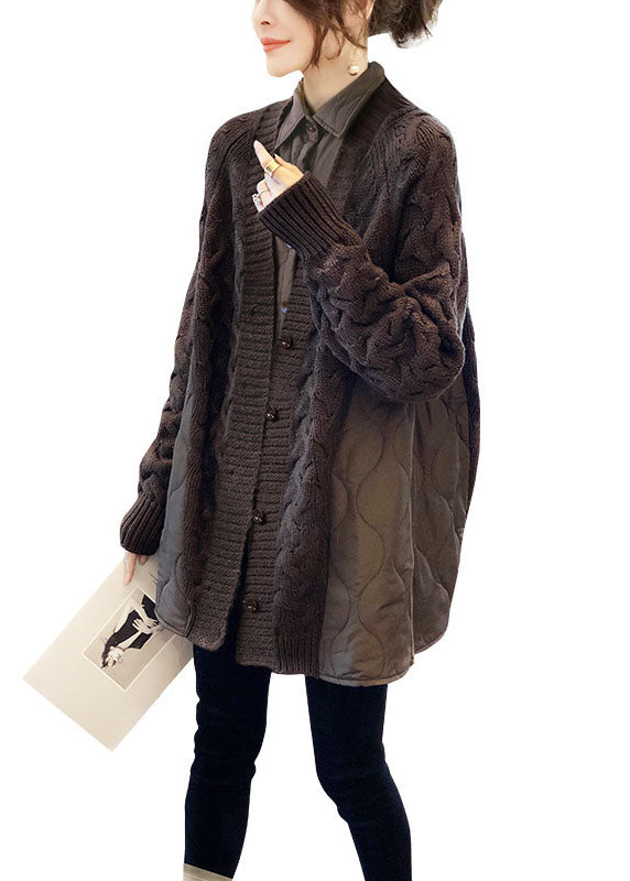 Loose Brown Button Patchwork Knit Top Winter
