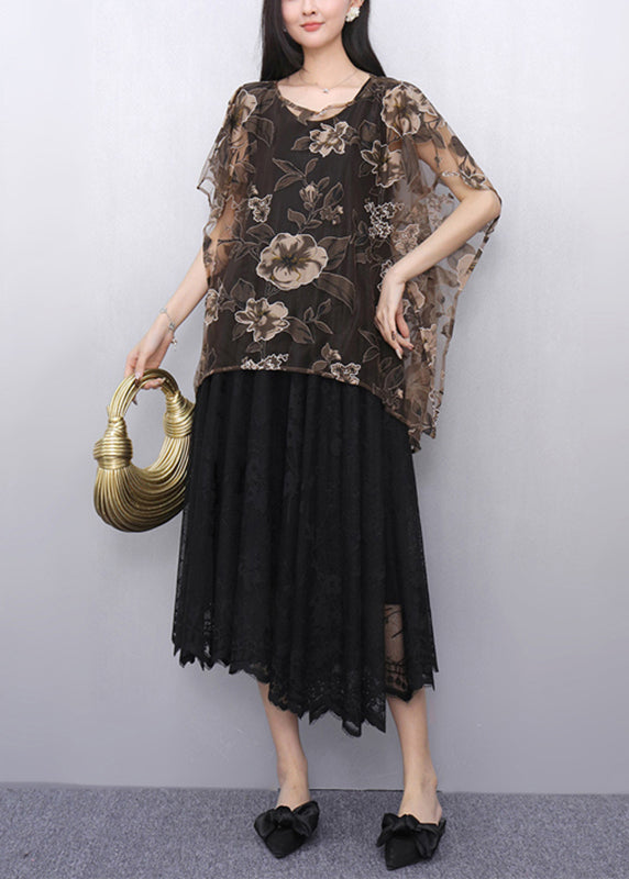 Loose Brown O-neck Tulle Top and Maxi Dress Two Pieces Set Summer