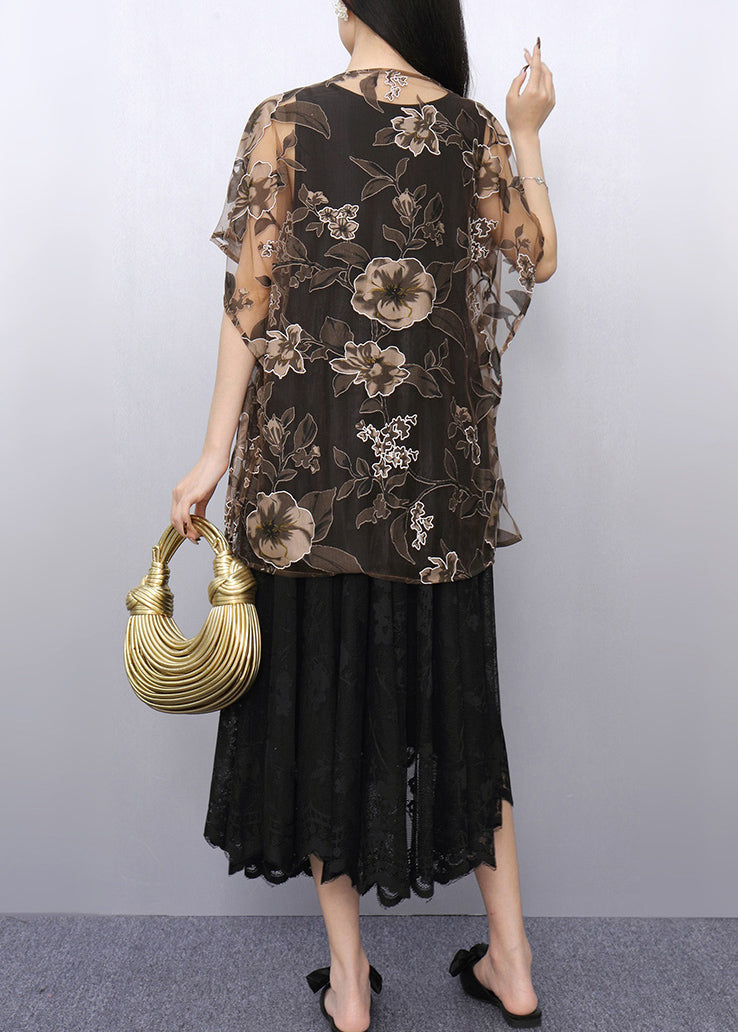 Loose Brown O-neck Tulle Top and Maxi Dress Two Pieces Set Summer