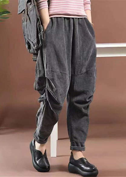 Loose Brown Pockets Wrinkled Elastic Waist Corduroy Pants Spring