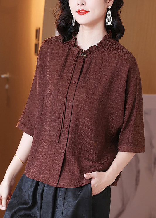 Loose Brown Ruffled Button Silk Blouse Spring