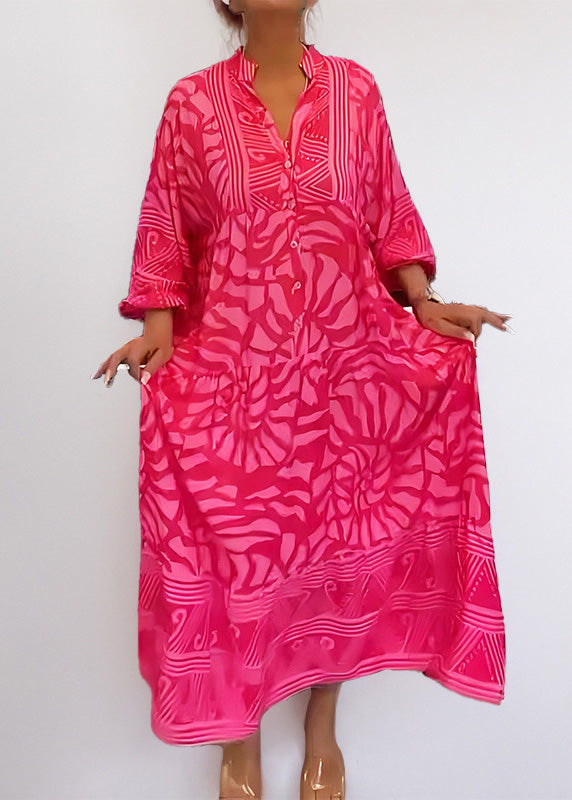 Loose Brown V Neck Print Cotton Long Dresses Spring