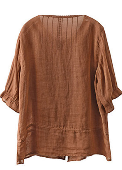 Loose Caramel O-neck Embroideried Patchwork Linen Shirt Half Sleeve