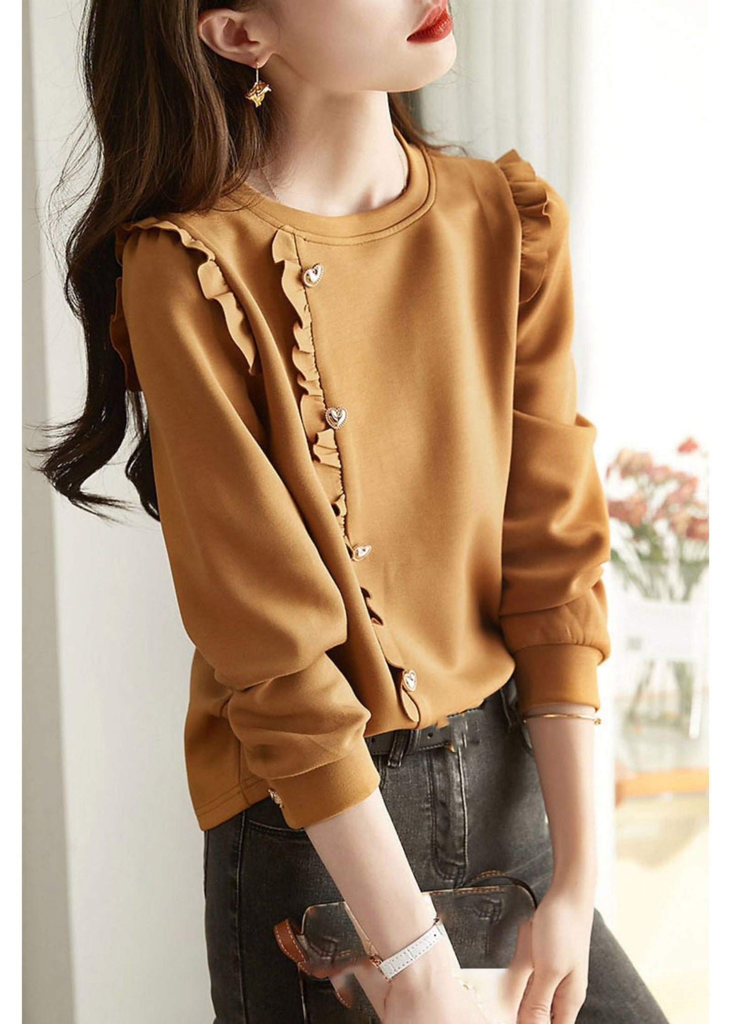 Loose Caramel O-neck Ruffled Button Cotton Sweatshirts Top Spring
