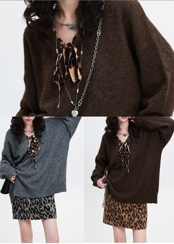 Loose Chocolate V Neck Leopard Knit Sweater Winter