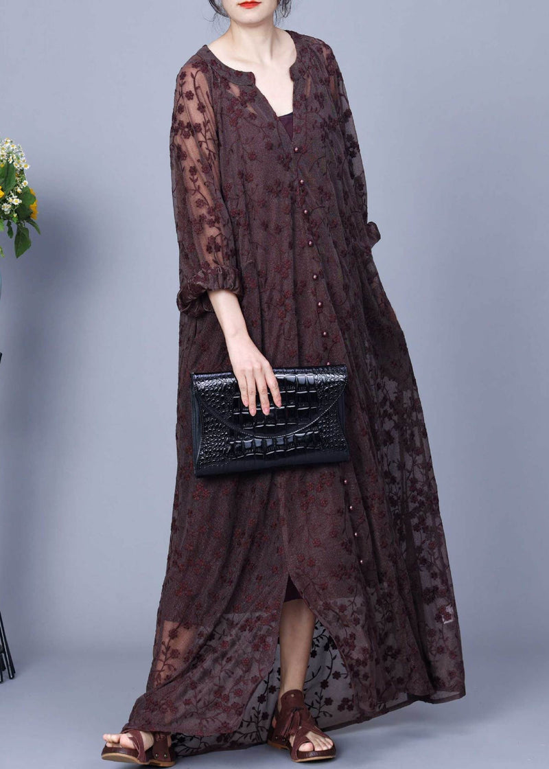 Loose Coffee Embroidered Button Silk Cotton Two Pieces Set Spring