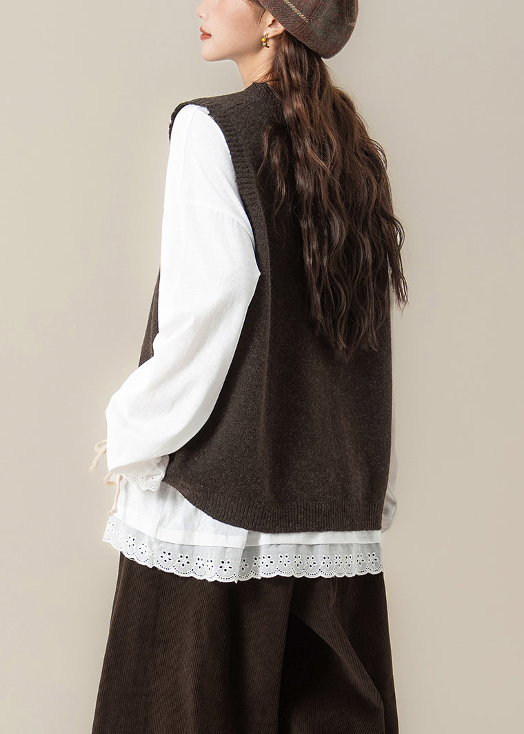 Loose Coffee Lace Up Knit Vest and White Cotton T Shirt Two Piece Set Spring