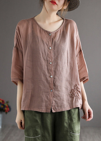 Loose Rose O-neck Embroidered Button Linen Shirt Half Sleeve