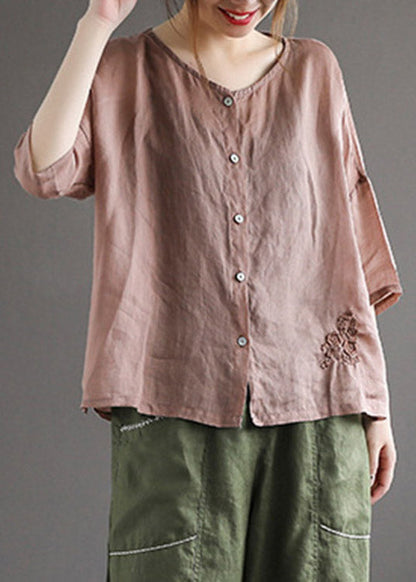 Loose Rose O-neck Embroidered Button Linen Shirt Half Sleeve