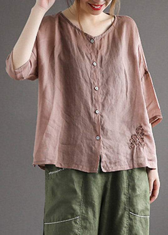 Loose Rose O-neck Embroidered Button Linen Shirt Half Sleeve