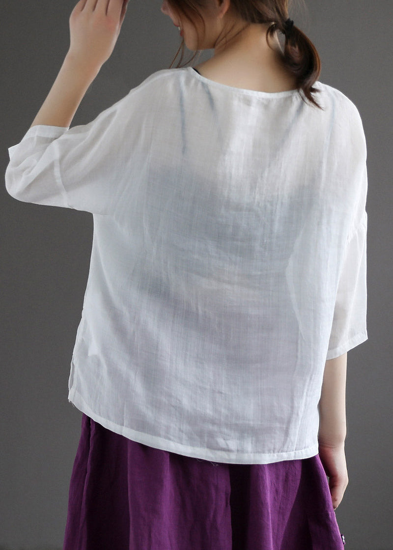 Loose Rose O-neck Embroidered Button Linen Shirt Half Sleeve